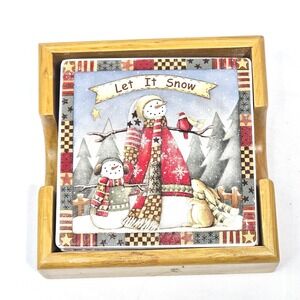 Let It Snow Winter Snowman Stone Coaster Set of 4 with Wood Holder Holiday Decor